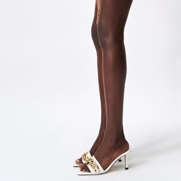 ZARA HIGH HEELED CHAIN SQUARED TOE WHITE SANDALS NEW WITH TAGS US 6.5 / EUR 37 - Picture 8 of 9